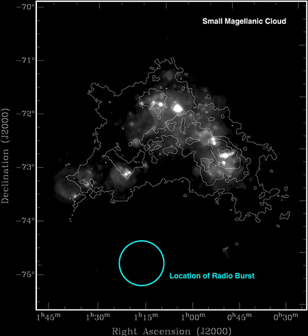 Направление, с которого к нам пришел радиовсплеск. Изображение Lorimer et al., NRAO, AUI, NSF