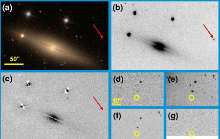 Сверхновая 2005E. Показана галактика NGC 1032, в которой произошла вспышка. Видно, что сверхновая находится 